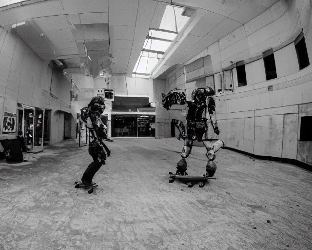 Prompt: camera footage of a Darpa Robot hunting skateboarders in an abandoned shopping mall, high exposure, dark, monochrome, camera, grainy, CCTV, security camera footage, timestamp, zoomed in, fish-eye lense, Robot, Skateboarding, Drone, Intense, Darpa,