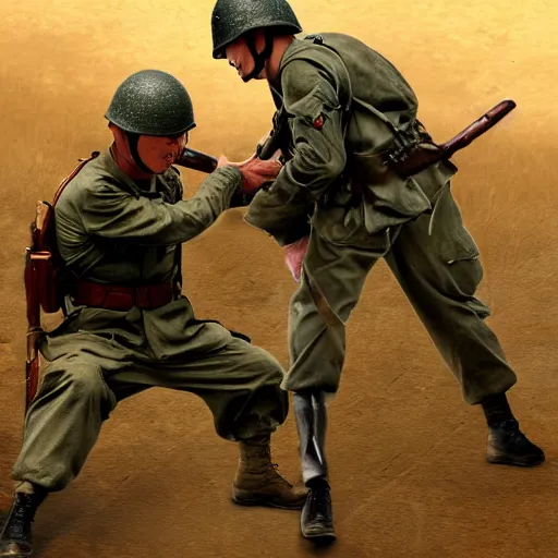Prompt: World War Two Japanese soldier bayonet charging an American soldier, hyperrealistic, photo realistic, HD