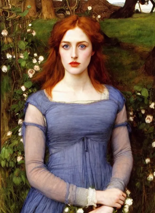 Image similar to a beautiful painting of young gillian anderson by John Everett Millais and Dante Gabriel Rossetti and John Collier and john william waterhouse, pre-raphaelite, detailed, trending on artstation, hd, masterpiece