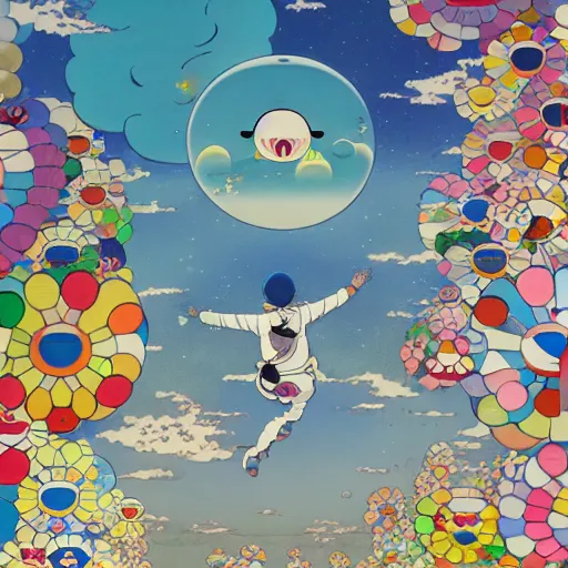 Image similar to a man walking on clouds away from the camera above kyoto by takashi murakami, beeple and james jean, aya takano color style, 4 k, super detailed, modern, 4 k, symmetrical