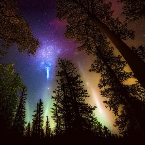 Prompt: A dark forest at night where you can see the Orion Nebula in the sky through the trees, highly detailed, gorgeous lighting, photo realistic, colorful 4k