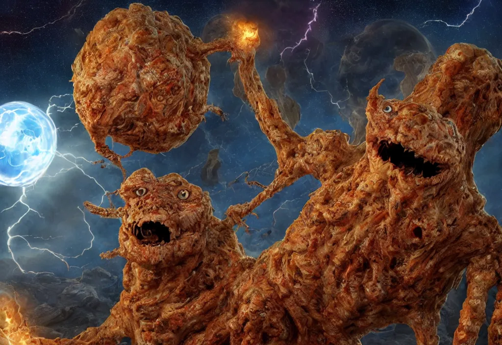 Prompt: eldritch horror bloody garfield in space, hd, 8 k, giant, epic, realistic photo, unreal engine, stars, prophecy, powerful, cinematic lighting, destroyed planet, debris, violent, sinister, ray tracing, dynamic, epic composition, dark, horrific, teeth, grotesque, monochrome drawing, hellscape, death, corpses, foreboding, lightning