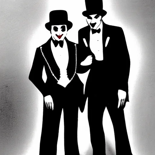 Prompt: the joker wearing a black suit with red tie, wearing a fedora, standing next to a 20's flapper, prom pictures, amateur photography