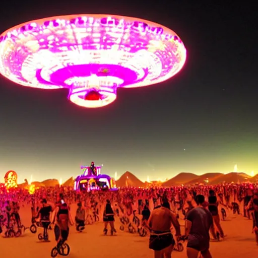 Prompt: a ufo hovering over people dancing at burning man festival