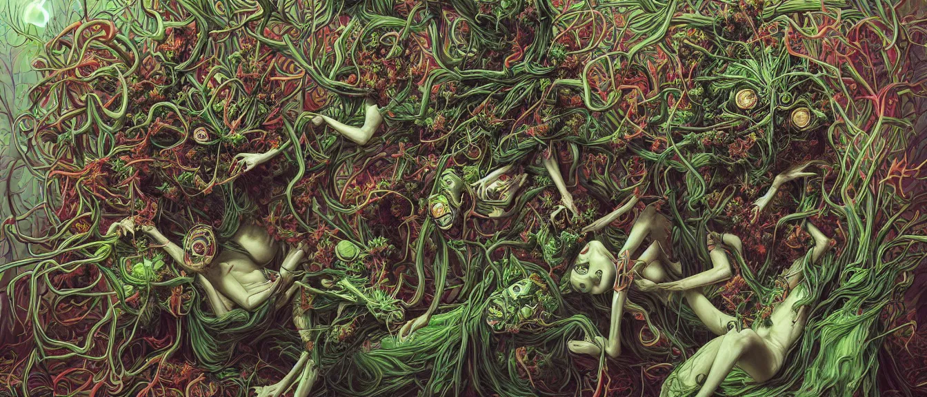 Image similar to cannabis paranoia, nightmare anomalies, venus flytrap by dariusz zawadzki, kenneth blom, mental alchemy, james jean, pablo amaringo, naudline pierre, contemporary art, hyper detailed