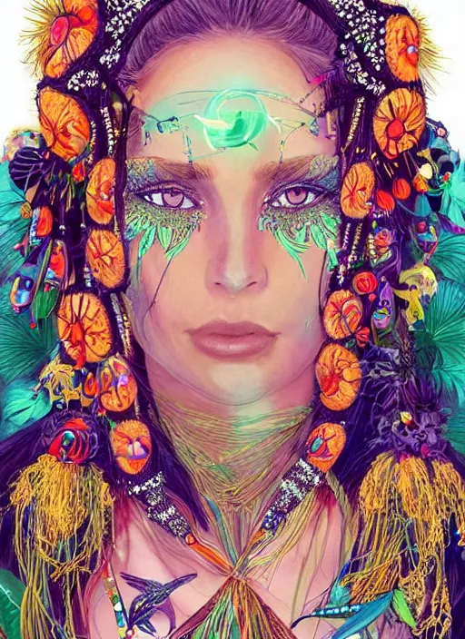 Image similar to beautiful portrait of a witch goddess wearing fantastic dress,embellished beaded feather decorative fringe knots ,colorful pigtail,subtropical flowers and plants,perfect symmetrica body shape,symmetrical face,intricate,elegant,highly detailed,8k,post-processing,digital painting,trending on pinterest,harper's bazaar,concept art, sharp focus, illustration, by artgerm,Tom Bagshaw,Lawrence Alma-Tadema,greg rutkowski,Alphonse Mucha,golden ratio