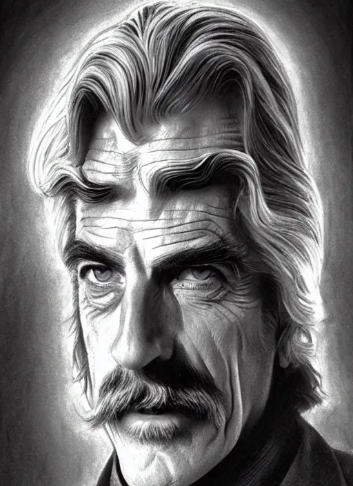 Image similar to hyperrealist pencil sketch of sam elliott as dracula by david malan and alphonse mucha, fantasy art, drawing, fangs, dynamic lighting, artstation, poster, volumetric lighting, very detailed faces, 4 k, award winning