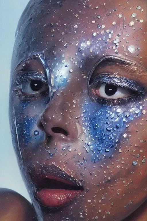 Image similar to hyperrealism oil painting, close - up portrait of face from a tangle of snakes fashion model, knight, steel gradient mixed with nebula sky, in style of baroque