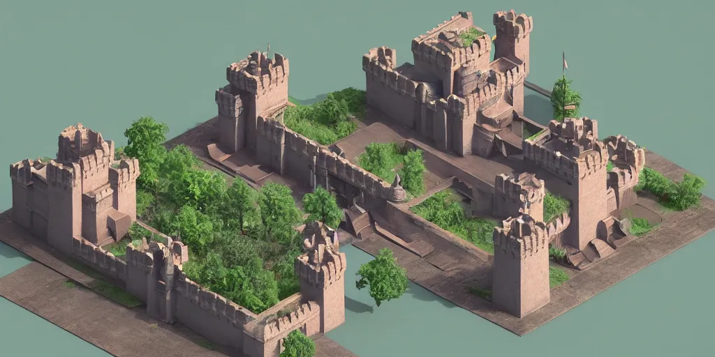 Image similar to isometric 3 d rendering of an indian castle, art deco, octane render, trending on artstation, cgsociety