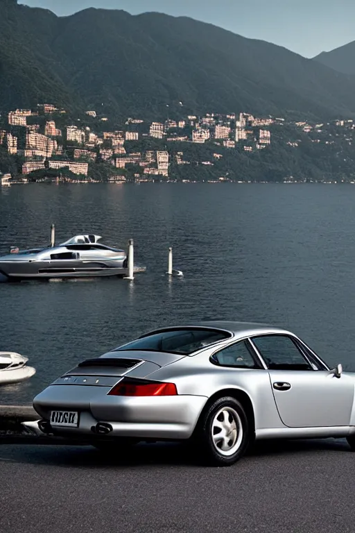 Image similar to Photo of a silver Porsche 911 Carrera 3.2 parked on a dock in Lake Como in the background, daylight, dramatic lighting, award winning, highly detailed, 1980s Versace ad, cinestill 800t, fine art print, best selling.