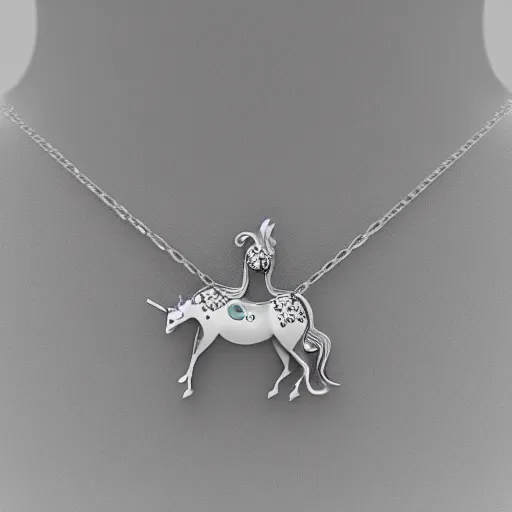 Image similar to a lovely silver unicorn necklace pendant, 3 d rendering, in the style of pandora, tiffany, swarovski, van cleef & arpels, cartier, boucheron, bulgari, chaumet, elegant, noble, stylish