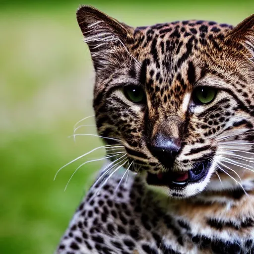 Prompt: cat with a head of a leopard, national geographic