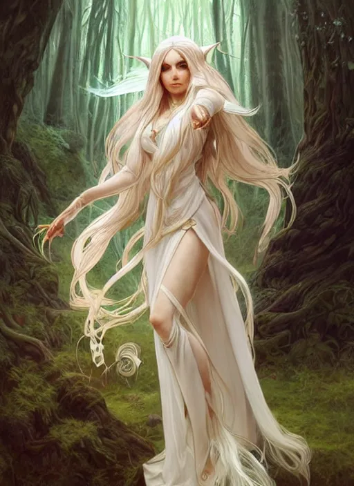 Image similar to portrait of a fantasy elf female sorceress queen with long white hair flowing wind in an ancient forest filled with magic, highly detailed, digital painting, artstation, smooth, sharp focus, illustration, art by artgerm and greg rutkowski and alphonse mucha