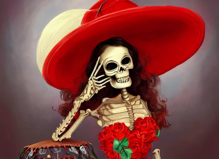 Prompt: cute & beautiful smiling mexican undead skeleton girl wearing a sombrero and a wide red dress, elegant, digital art, fantasy, pixar style, painting, pin up, highly detailed, artstation, art by artgerm, john la farge and boris vallejo