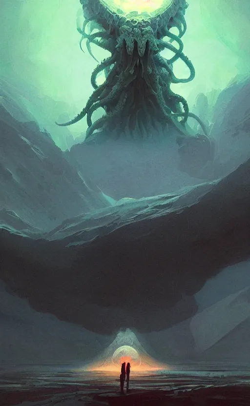 Prompt: a beautiful artwork illustration, concept art sketch of a gigantic cthulhu on the moon, volumetric fog, godrays, high contrast, vibrant colors, vivid colors, high saturation, by Greg Rutkowski and Jesper Ejsing and Raymond Swanland and alena aenami, featured on artstation, narrow angle, vertical orientation