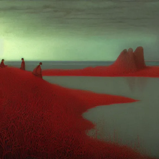 Image similar to landscape, shore of the lake, glowing red, by edgar maxence and ross tran, zdzisław beksinski, and michael whelan, distant, gustav dore, h. r. giger, 8 k, octane render