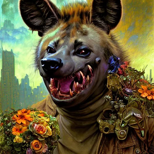 Image similar to portrait of a hyena gnoll as a florist. shadowrun furaffiniy cyberpunk fantasy highly detailed painting by gaston bussiere craig mullins jc leyendecker gustav klimt artgerm greg rutkowski john berkey, bergey, craig mullins, ruan jia, raymond swanland, jeremy mann, tom lovell, alex malveda