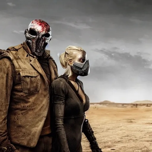 Image similar to a very huge, very big masked mutant man standing next to a small blonde woman, they are staring at the horizon where there are the ruins of a city, postapocalyptic, mad max style, award winning photograph, photo