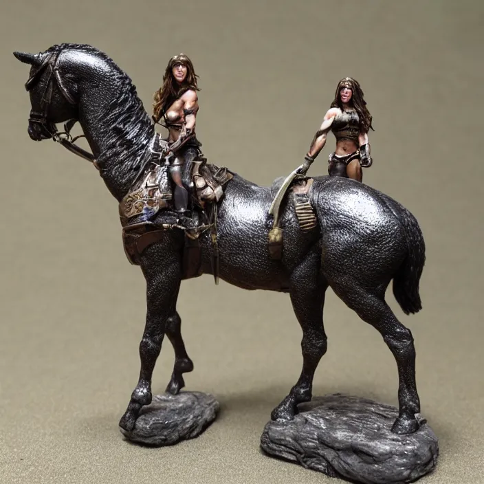 Prompt: 80mm resin detailed miniature of a Muscular Woman warrior standing next to a Horse, Product Introduction Photos, 4K, Full body, simple background