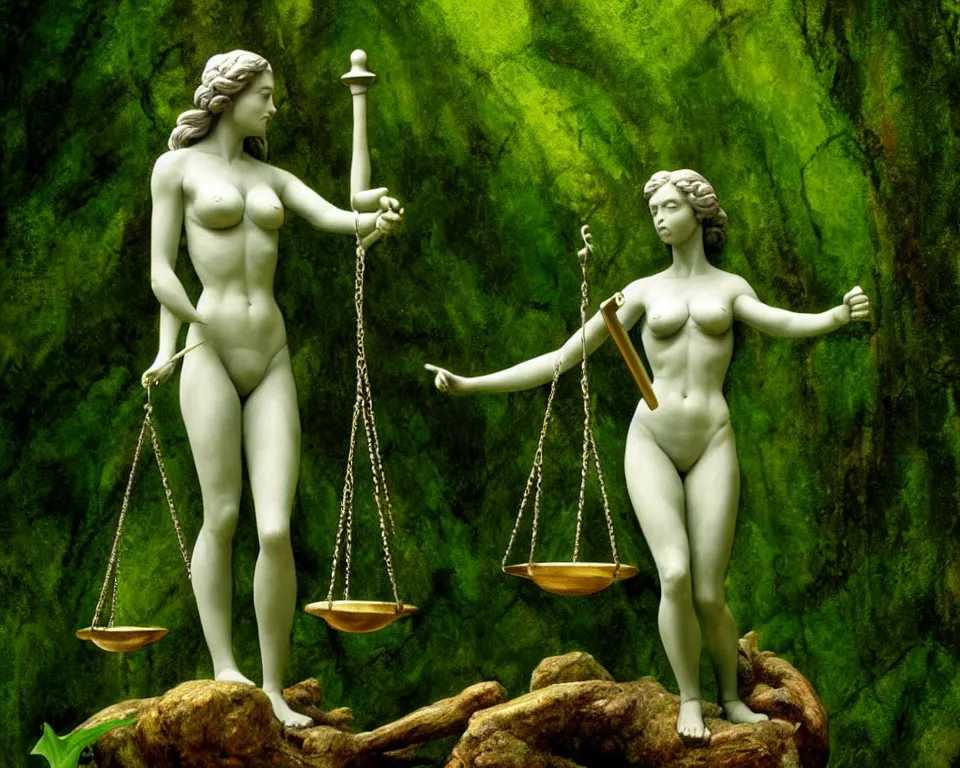 Prompt: lady justice sculpture in a rainforest clearing by raphael, hopper, and rene magritte. detailed, romantic, enchanting, trending on artstation.