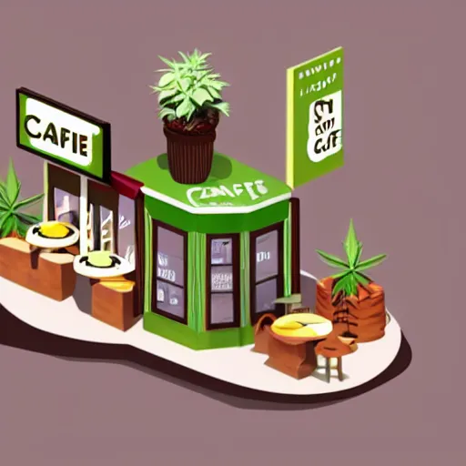 Image similar to cannabis coffee and cake cafe isometric fun 3 d cartoon, beautiful composition structure