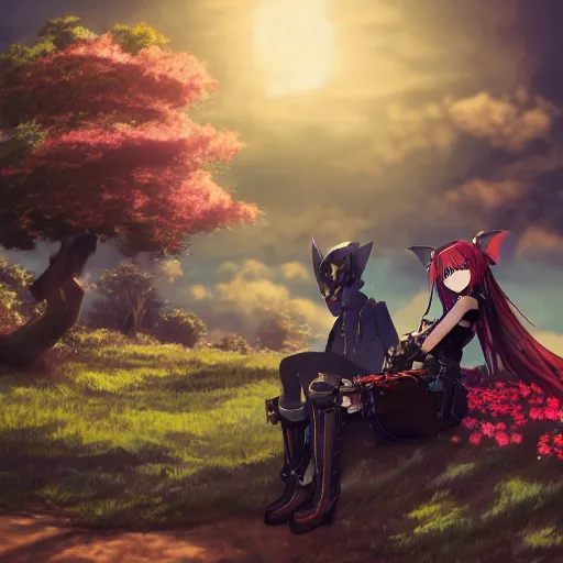 Image similar to robotic steampunk anime girl with steampunk wings sitting next to a guy with red hair in front of a tree, extremely detailed, cinematic lighting, vast landscape background, clouds, flowers,