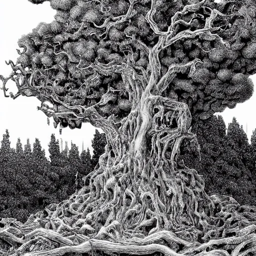 Prompt: Tree of Pain from Hyperion by Kentaro Miura, highly detailed, black and white