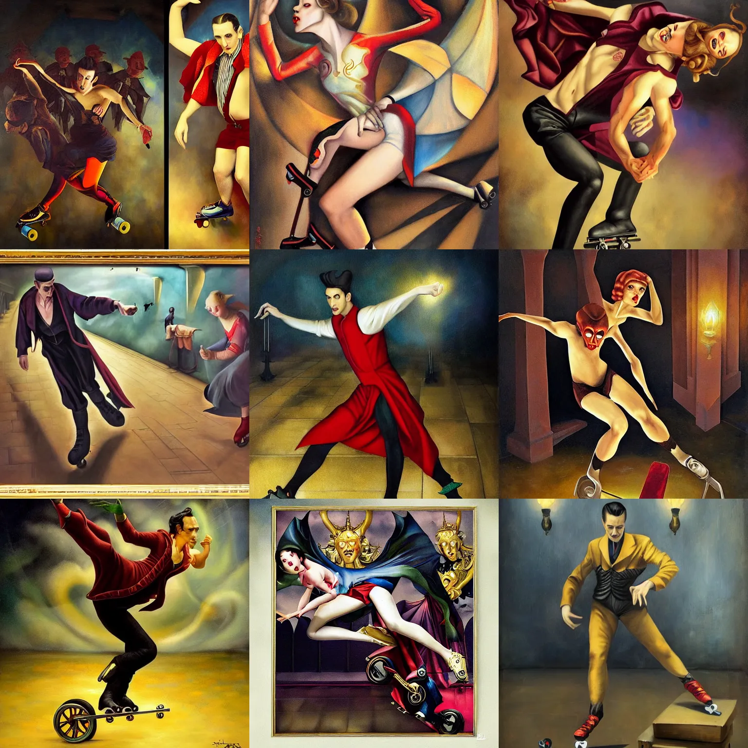 Image similar to dynamic composition, a painting of dracula the vampire skating on roller skates in a medieval roller rink, a surrealist painting by tom bagshaw and jacek yerga and tamara de lempicka and jesse king, featured on cgsociety, pop surrealism, surrealist, dramatic lighting, wiccan, full body portrait, pre - raphaelite, ornate gilded details