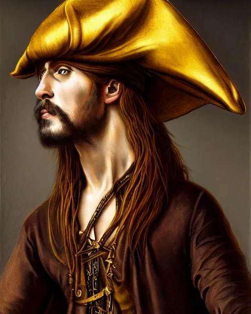 Image similar to realistic portrait of a mysterious pirate made of gold in silky clothes with long golden hair, detailed, 1 4 5 0, delicate, hyper realism, ultra realistic, 8 k