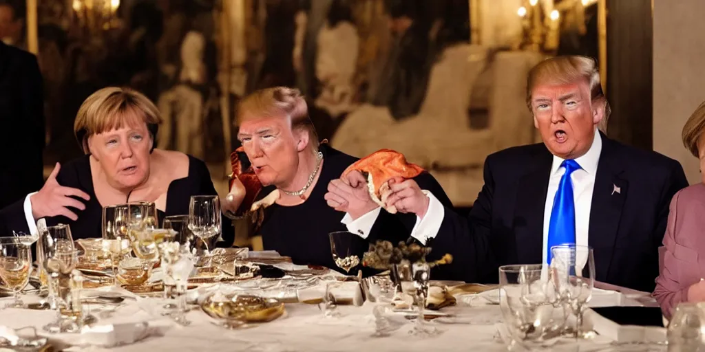 Prompt: donald trump having romantic dinner with angela merkel, romantic, moonlight background