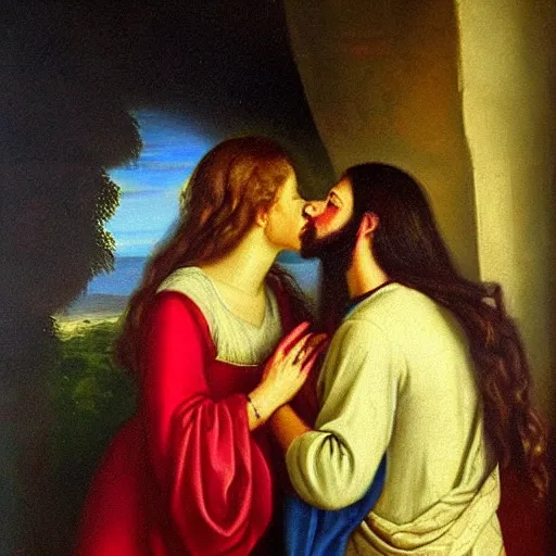 Image similar to 1 8 th oil panting of a jesus kissing a woman