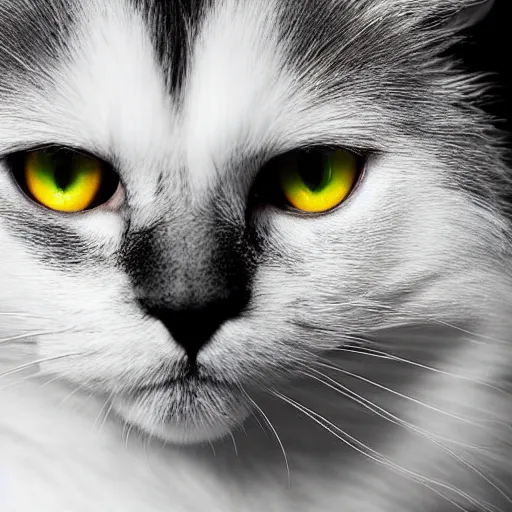 Prompt: fluffy black and white cat portrait, dilated pupils, white fur under eyes, aesthetic highly detailed soft fur, professionally shot photorealistic 8k photograph, 35mm Canon EOS R3, rendered in octane, by Natalie Große and Jason Allison