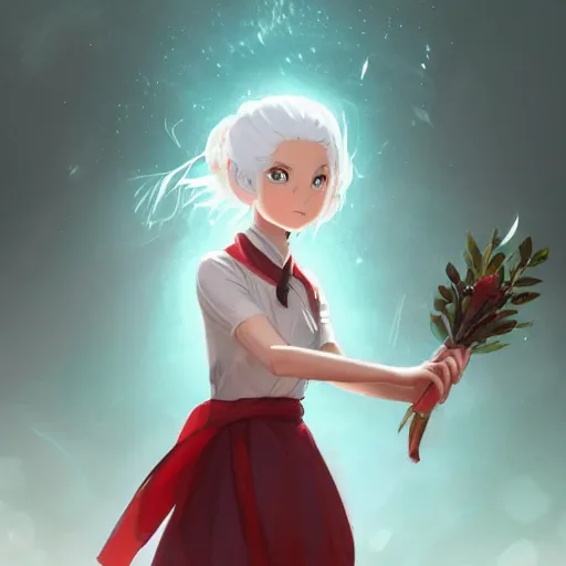 Image similar to full body portrait of a girl sorcerer with white hair in a hairbun, she is wearing a red scarf. she is holding a large natural wood wand with leaves on it and a crystal at the top. cgsociety masterpiece, artstation trending, by rossdraws, ghibli, kimi no na wa, greg rutkowski, simon stalberg, greg manchess