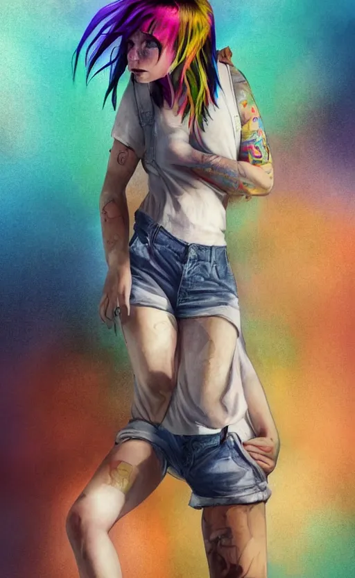 Prompt: a grungy midget woman with rainbow hair, drunk, angry, soft eyes and narrow chin, dainty figure, long hair straight down, torn overalls, short shorts, combat boots, basic white background, side boob, symmetrical, single person, style of by Jordan Grimmer and greg rutkowski, crisp lines and color,