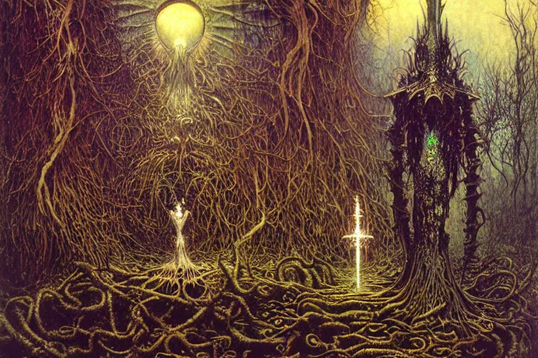 Image similar to knight in enchanted lovecraftian garden by jean delville, luis royo, beksinski, grimshaw