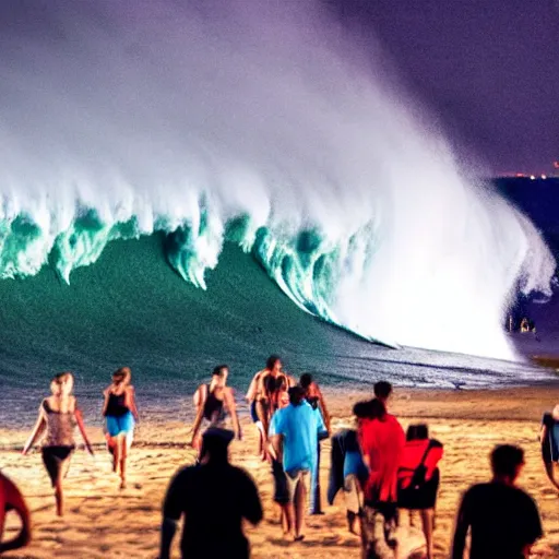 Image similar to a tsunami hitting a night concert at the beach, huge wave and people running