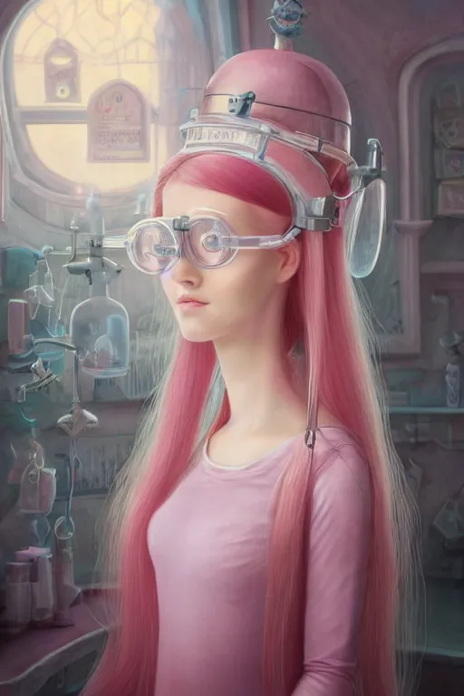 Image similar to highly detailed, profile portrait of a extremely beautiful, young adult, princess bubblegum from adventure time, experimenting in her castle lab, wearing lab coat & saftey goggles, long bubblegum hair with long straight bangs, illustration concept art by nicoletta ceccoli, mark ryden, lostfish, detailed and intricate environment, 8 k resolution, hyperrealistic, octane render