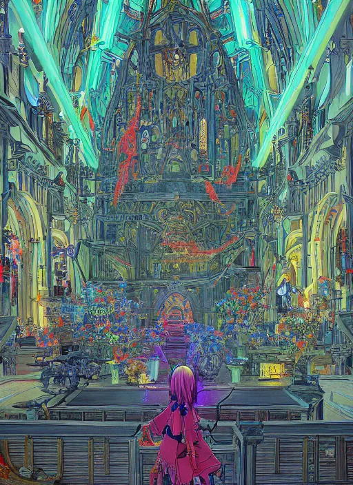 Image similar to the church of anime, an ultrafine detailed 3 d render by james jean, intricate linework, bright colors, final fantasy, behance contest winner, vanitas, angular, altermodern, unreal engine 5 highly rendered, global illumination, radiant light, detailed and intricate environment