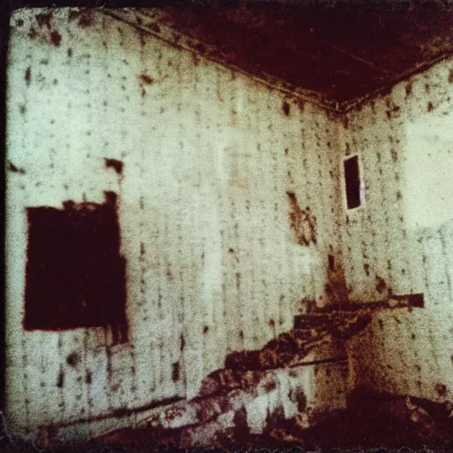 Image similar to the interior of a dark abandoned house with a creepy pale face at the top of a dark stairwell, old polaroid, blurry photo, expired film,