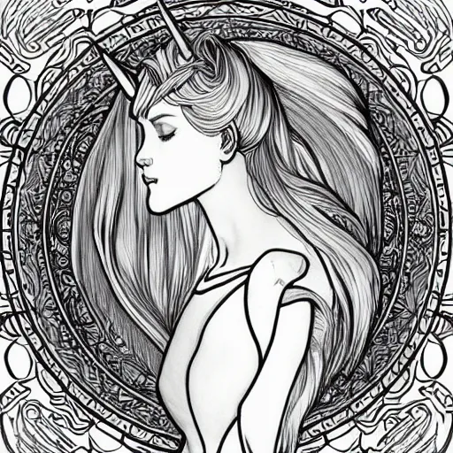 Image similar to clean simple line art of a cute beautiful unicorn. no background. well composed, clean coloring book page. coloring book line art by artgerm and greg rutkowski and alphonse mucha