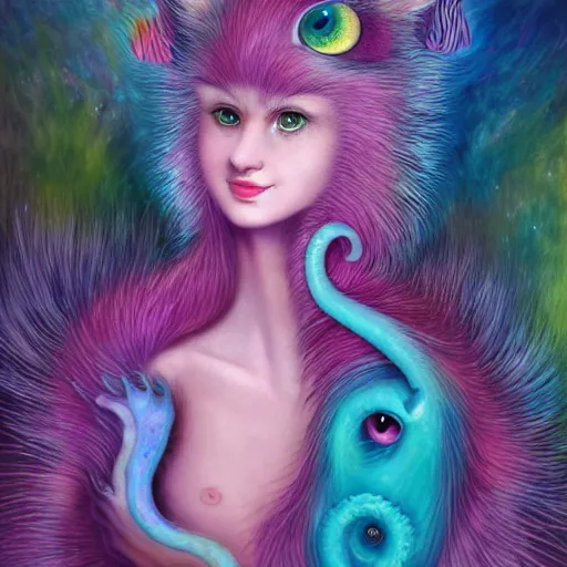 Prompt: autistic bisexual cat seahorse graphic designer, long haired androgynous humanoid covered in fur, weirdcore voidpunk fursona, detailed coherent painterly character design turnaround, digital art by delphin enjolras, wlop, louis wain, lisa frank, furaffinity, cgsociety, trending on deviantart