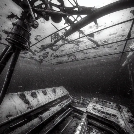 Image similar to the interior of a partially flooded rusty shipwreck, dark, scary lighting, scary, creepy, eerie, horror, submechanophobia, submerged machinery, photo,