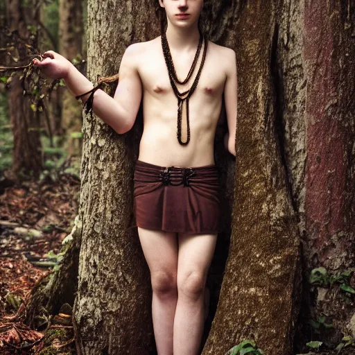 Prompt: a teenage boy, around 1 9 yo. iron necklace. natural brown hair. loincloth, pale skin. detailed face. ominous and eerie looking forest i'm background. natural colors.