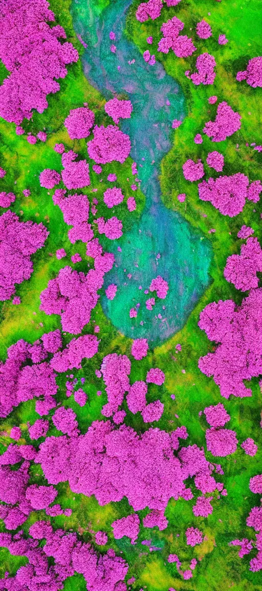 Prompt: aerial view photo of a field of flowers with a winding river, pastel faded effect, synthwave colors, 8K