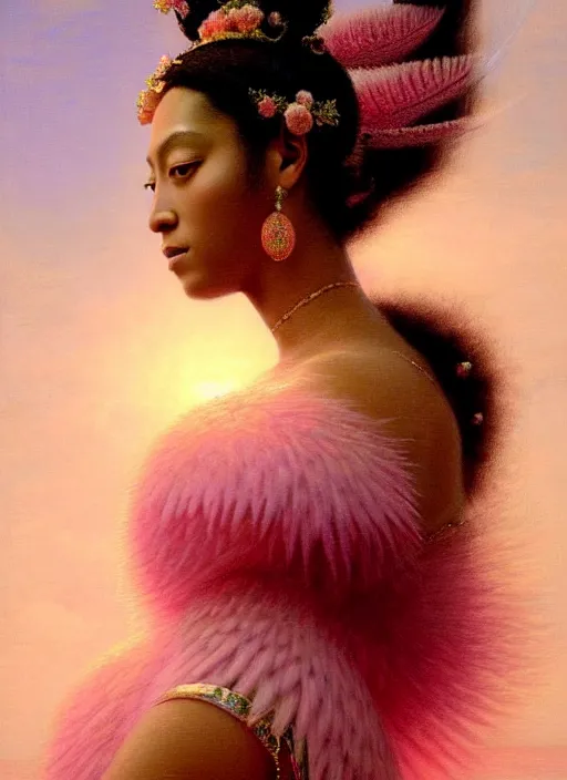 Image similar to stunning beyonce giselle knowles as a japanese godess, detailed pink and white protea head peace against a black backdrop by ivan aivazovsky, wlop, sharp details, photorealism, oil painting, beautiful soft lighting, muted colours, artstation