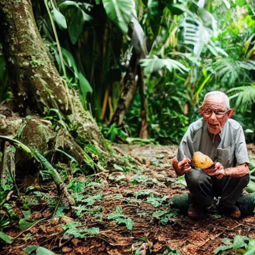 Image similar to an elderly man eating a mushroom in lush tropical jungle, 🍄, canon eos r 3, f / 1. 4, iso 2 0 0, 1 / 1 6 0 s, 8 k, raw, unedited, symmetrical balance, in - frame