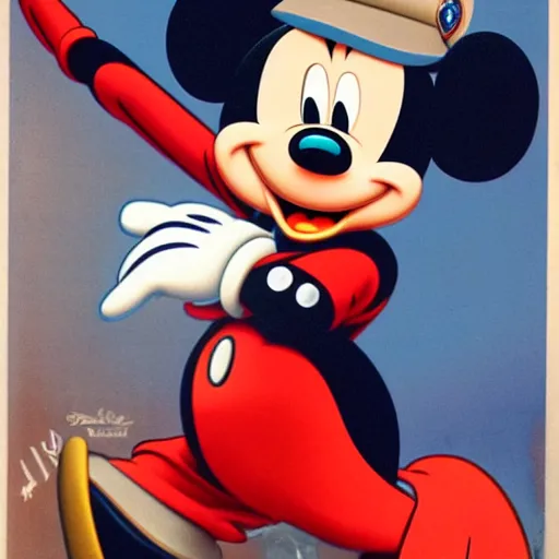 Prompt: mickey mouse in military uniform. art work. german ww 2 propaganda poster. red armband with disney symbol. dark, hyper realistic by barloe