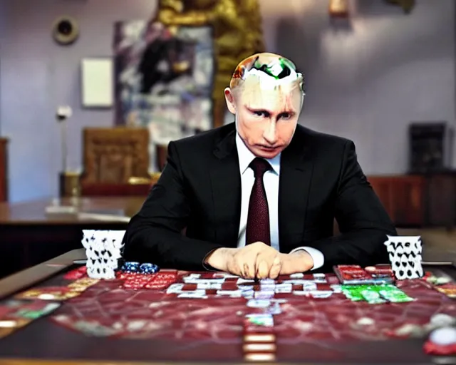 Prompt: Press release photo of Vladimir Putin playing Magic the Gathering on a large tournament, he's thinking what card he should play, high quality, 8k,