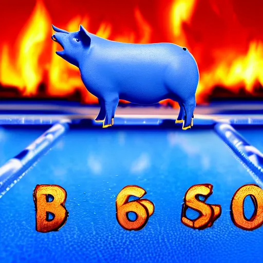 Image similar to pig throwing dollar bulls over a pool of blue fire