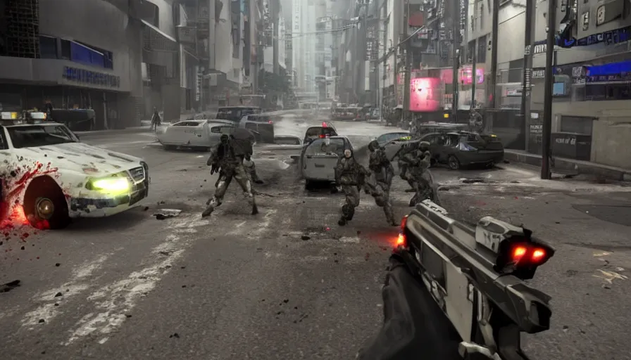 Prompt: 2020 Video Game Screenshot, Anime Neo-tokyo Cyborg bank robbers vs police, Set inside of the Bank, Open Vault, Multiplayer set-piece Ambush, Tactical Squads :19, Police officers under heavy fire, Police Calling for back up, Bullet Holes and Realistic Blood Splatter, :6 Gas Grenades, Riot Shields, Large Caliber Sniper Fire, Chaos, Metal Gear Solid Anime Cyberpunk, Akira Anime Cyberpunk, Anime Bullet VFX, Anime Machine Gun Fire, Violent Action, Sakuga Gunplay, Shootout, :14 Inspired by the film Akira :19 , Inspired by Intruder :11 by Katsuhiro Otomo: 19, 🕹️ 😎 🚬